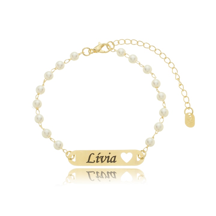 Pulseira Infantil Personalizada Pérola Plaquinha Coração Vazado 6-27