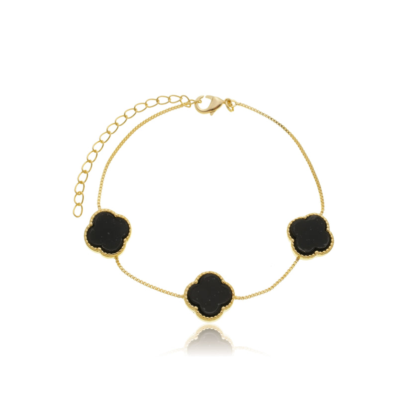 Pulseira flores com pedra preta banhada a ouro 18k