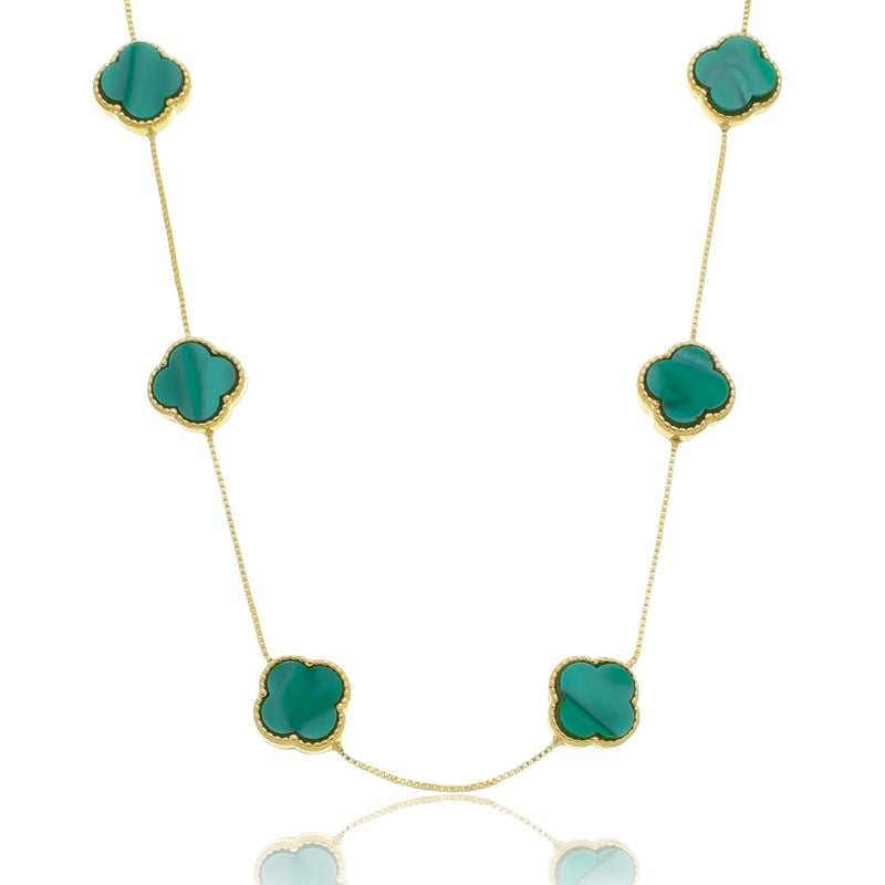 Colar flores com pedras verdes banhado a ouro 18k